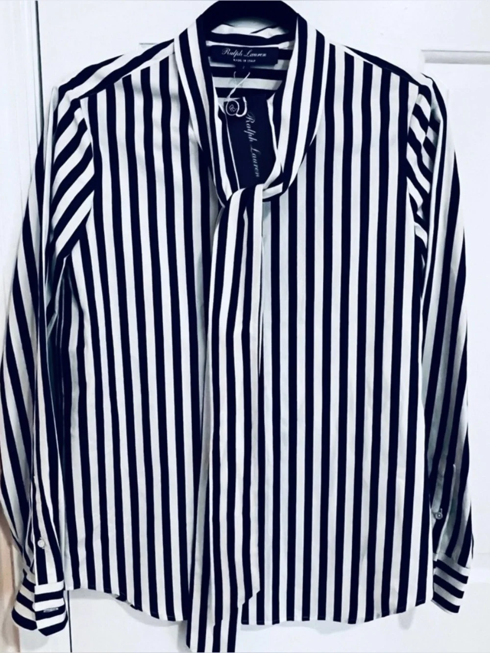 NWT! Ralph Lauren Collection (Purple Label/Runway) Striped Silk Tie-Neck Blouse